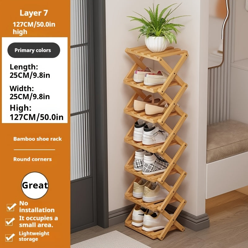 A Foldable Bamboo Shoe Rack, Crafted from High-quality Mountain Bamboo. Available in Multiple Tier Configurations. Sets up and Is Ready to Use Within 20 Seconds. Perfect for Small Spaces Near Home Entrances!