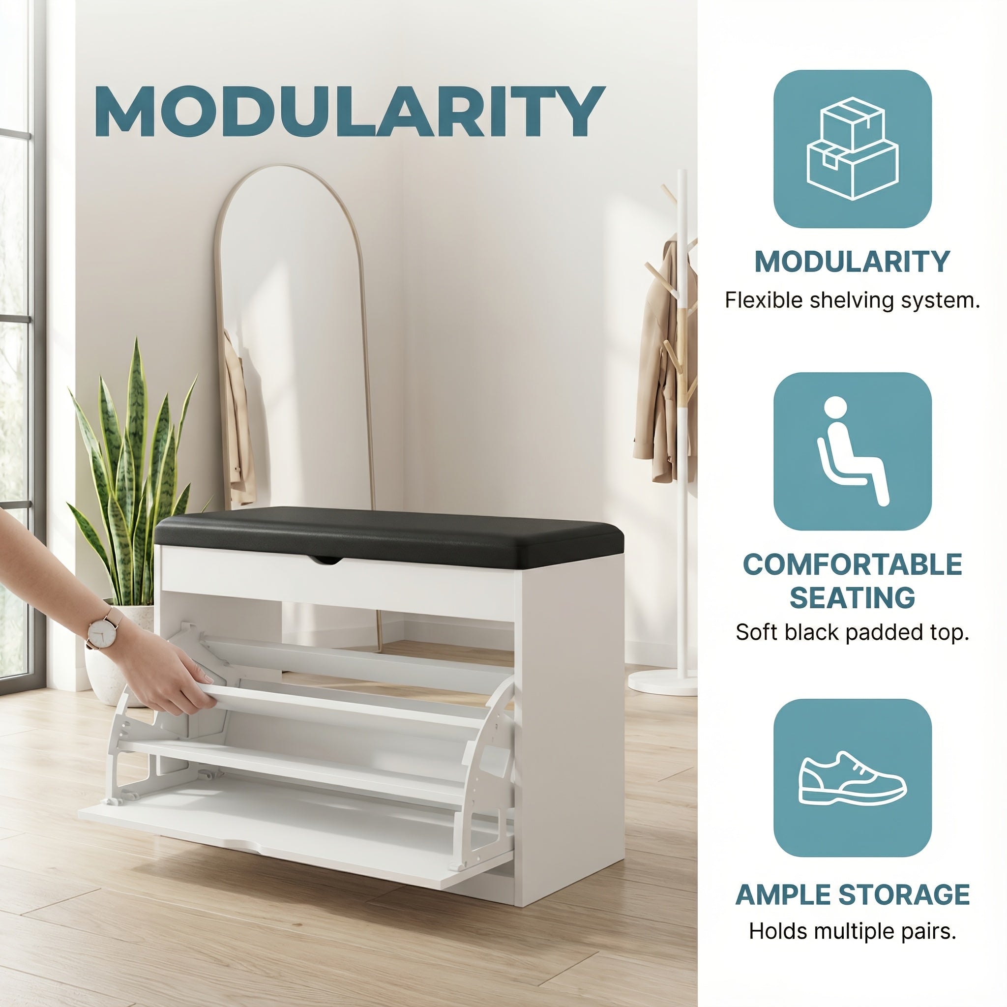 Storage Bench Entryway with Cushion, Shoe Rack Bench with Storage with 3-Tier Flip Drawer, Shoe Cabinet Organizer with Hidden Space for Hallway Mudroom