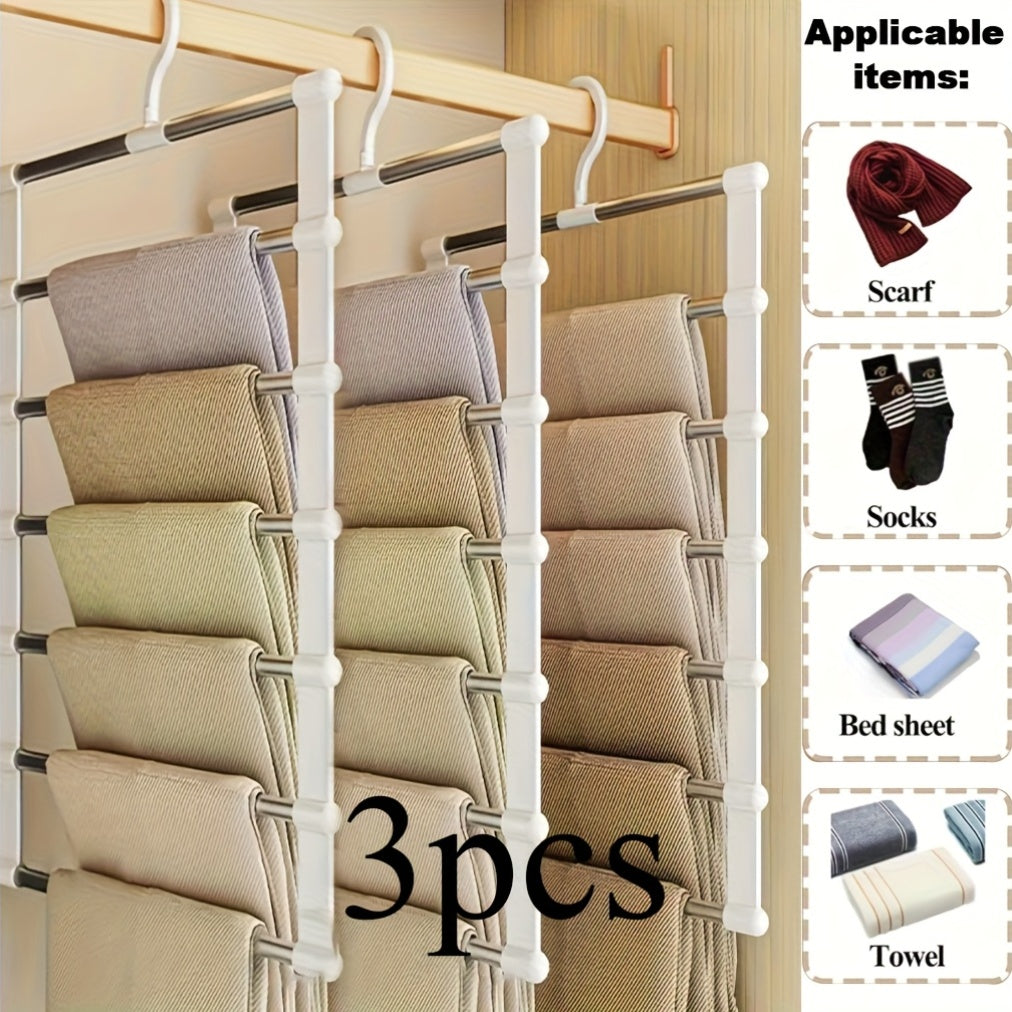 Set of 3 Collapsible Multi-Tier Trouser Hangers, Designed to Save Space, Made of Stainless Steel with a Non-Slip Feature, Ideal for Organizing Wardrobes at for home Or for Retail Displays, Perfect for Jeans, Pants, Shirts, Towels