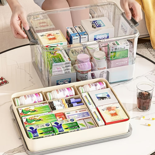 1pc Medicine Storage Box With A Handle, Multi-layer Design, Large-capacity Plastic Medical Box, Portable Medical Organizer. Suitable For Bedroom, Bathroom, Office, Or Desk Storage. Available In Multiple Models.
