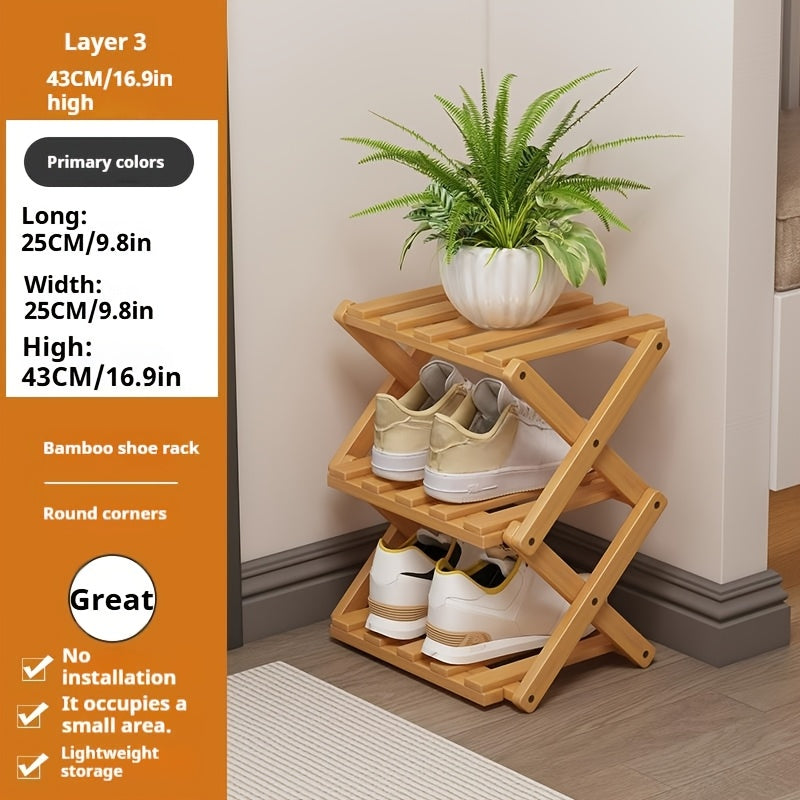 A Foldable Bamboo Shoe Rack, Crafted from High-quality Mountain Bamboo. Available in Multiple Tier Configurations. Sets up and Is Ready to Use Within 20 Seconds. Perfect for Small Spaces Near Home Entrances!