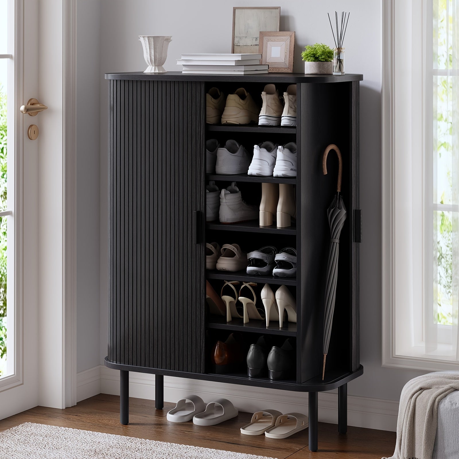 6-Tier Shoe Cabinet with Sliding Door, Wooden Shoe Storage Cabinet with Adjustable Shelves, Mid-Century Modern Freestanding Shoe Storage Organizer for Entryway, Hallway, Living Room, Walnut