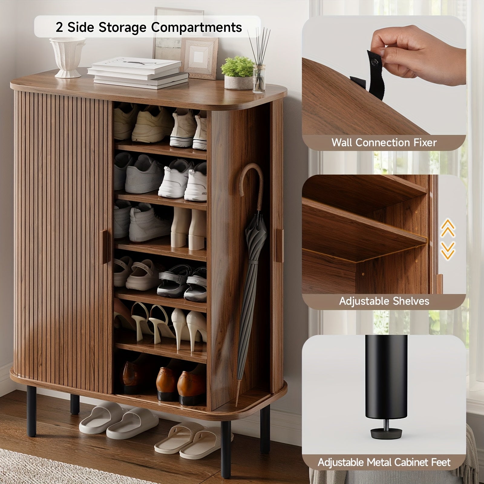 6-Tier Shoe Cabinet with Sliding Door, Wooden Shoe Storage Cabinet with Adjustable Shelves, Mid-Century Modern Freestanding Shoe Storage Organizer for Entryway, Hallway, Living Room, Walnut