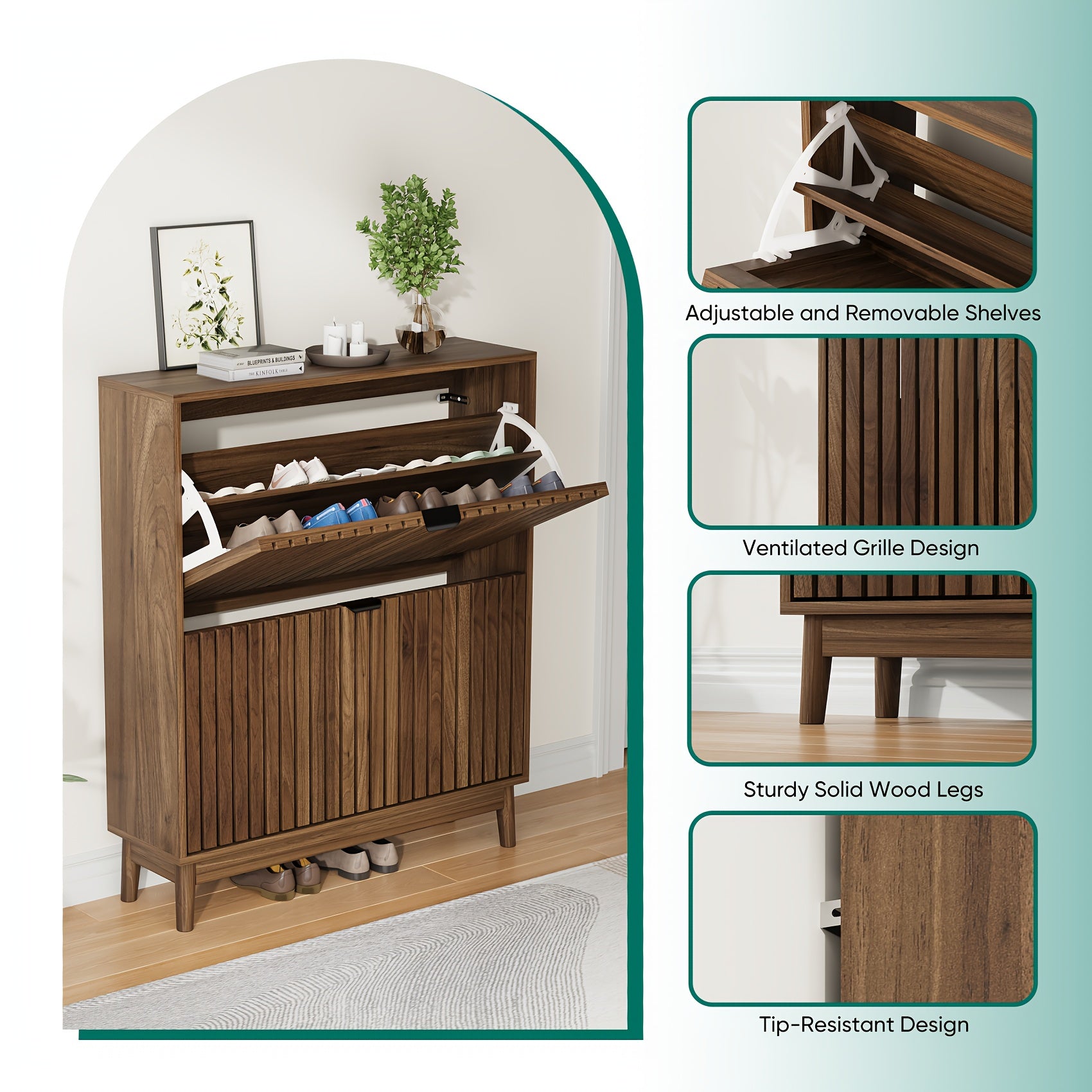 Shoe Storage Cabinet with Doors for Entryway Wood Hidden Shoe Organizer for Heels, Boots, Slippers