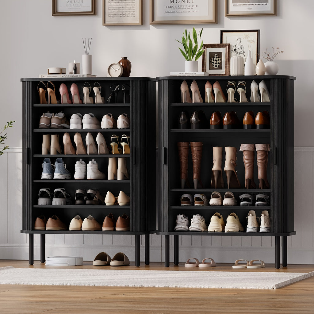 6-Tier Shoe Cabinet with Sliding Door, Wooden Shoe Storage Cabinet with Adjustable Shelves, Mid-Century Modern Freestanding Shoe Storage Organizer for Entryway, Hallway, Living Room, Walnut