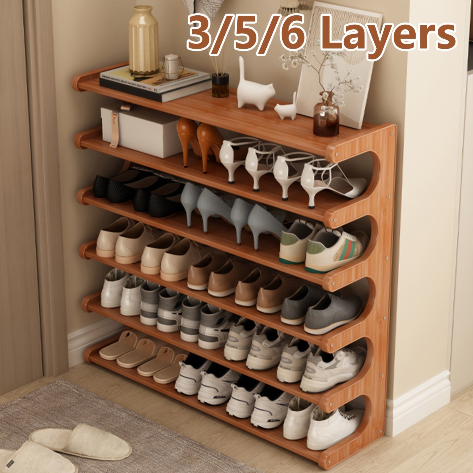 3\u002F5\u002F6 Tiers Shoe Rack, Bamboo Shoe Rack, Shoe Storage Organizers, Easy to Assemble, Space Saving, Shoe Rack for Front Door Entrance, Entryway, Living Room, Bedroom, Garage - Sturdy Bamboo Rack