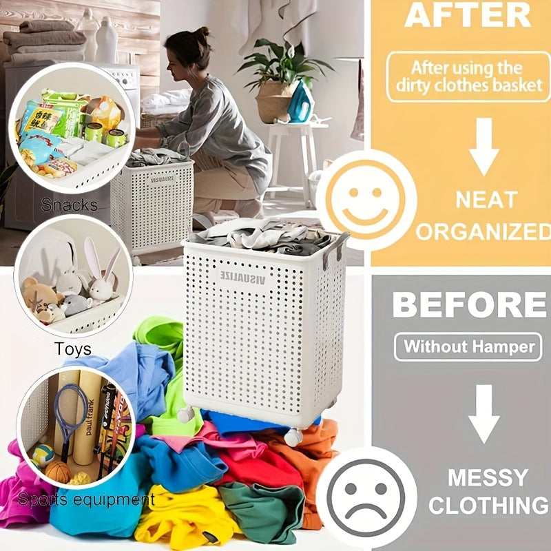 Large PP Material Rolling Laundry Cart with Lid - Multifunctional Personal Care Product Dispenser and Youngsters Supplies Storage Box, Equipped with Handles - Space-Saving Home Storage Solution, Suitable for Clothes, Accessories, Laundry Basket