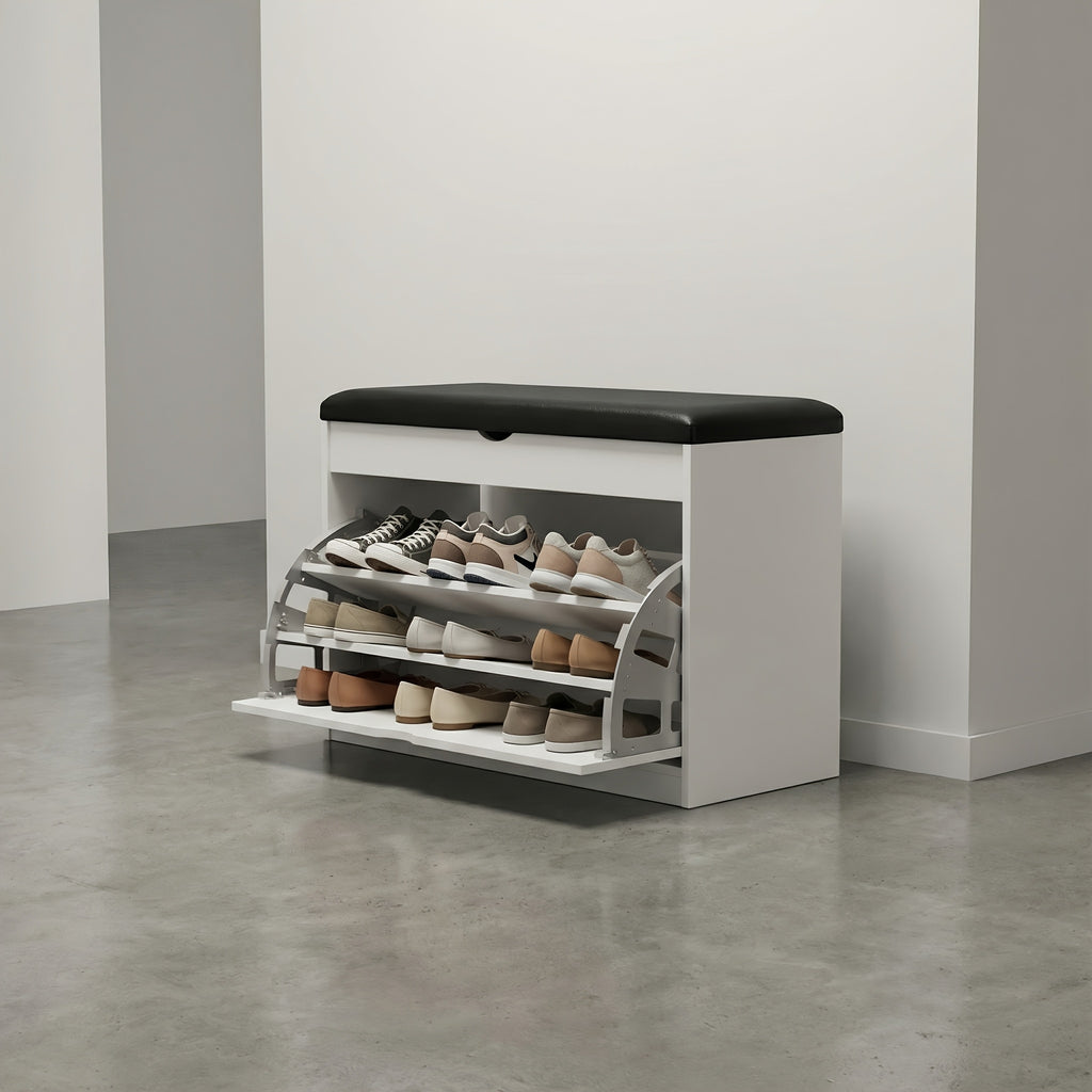 Storage Bench Entryway with Cushion, Shoe Rack Bench with Storage with 3-Tier Flip Drawer, Shoe Cabinet Organizer with Hidden Space for Hallway Mudroom