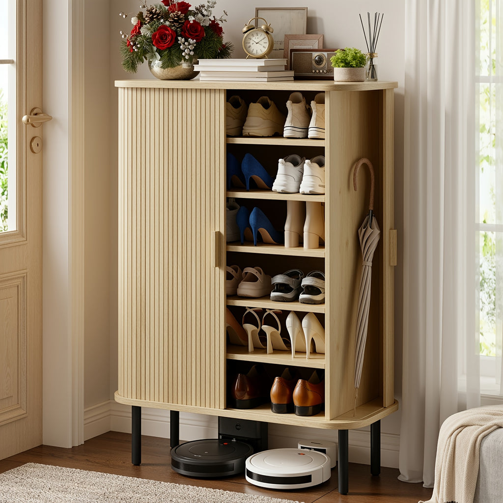 6-Tier Shoe Cabinet with Sliding Door, Wooden Shoe Storage Cabinet with Adjustable Shelves, Mid-Century Modern Freestanding Shoe Storage Organizer for Entryway, Hallway, Living Room, Walnut