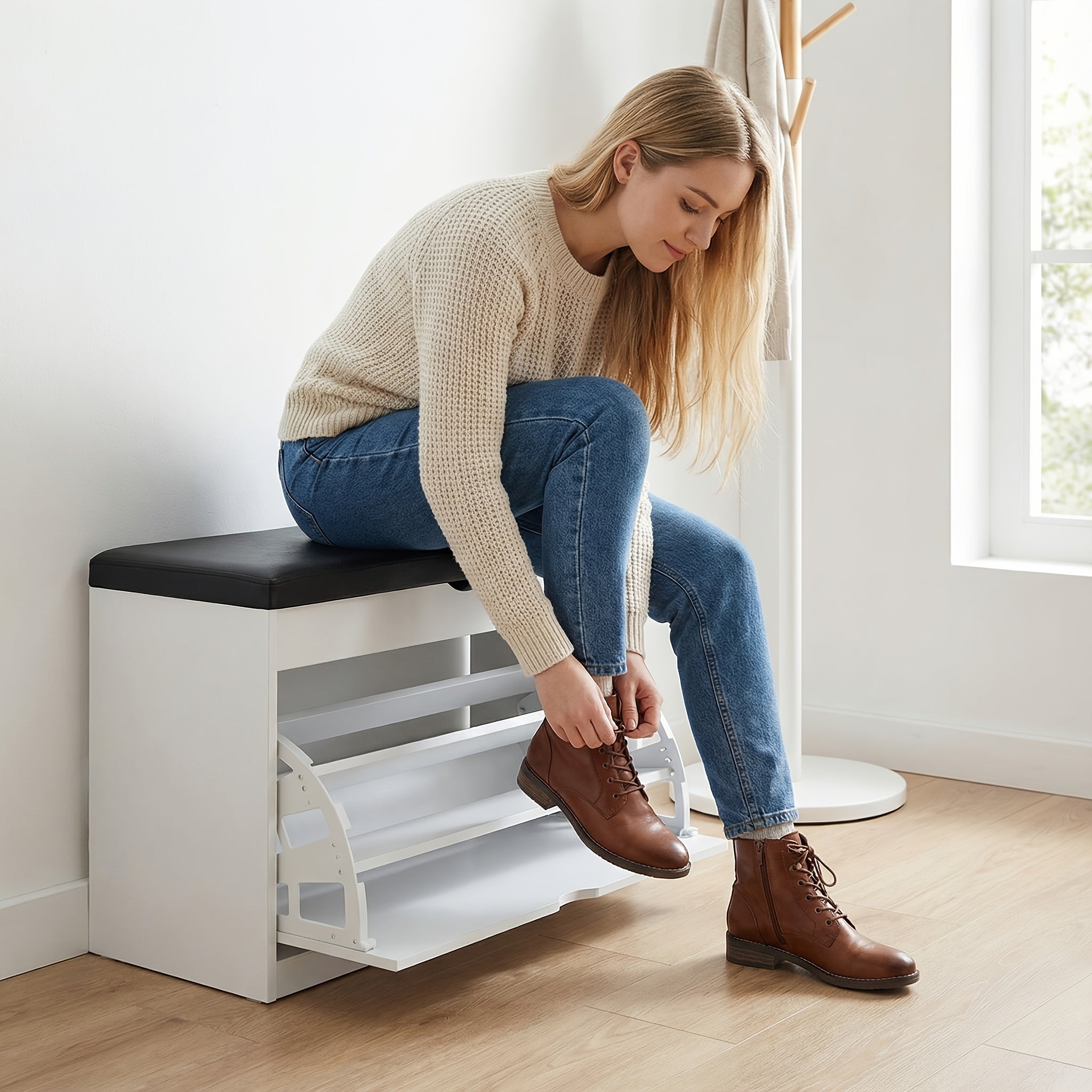 Storage Bench Entryway with Cushion, Shoe Rack Bench with Storage with 3-Tier Flip Drawer, Shoe Cabinet Organizer with Hidden Space for Hallway Mudroom