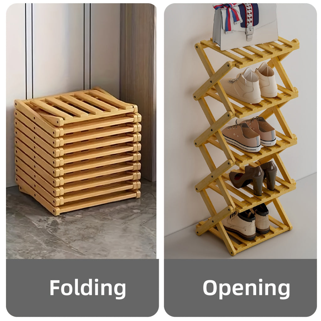 A Foldable Bamboo Shoe Rack, Crafted from High-quality Mountain Bamboo. Available in Multiple Tier Configurations. Sets up and Is Ready to Use Within 20 Seconds. Perfect for Small Spaces Near Home Entrances!