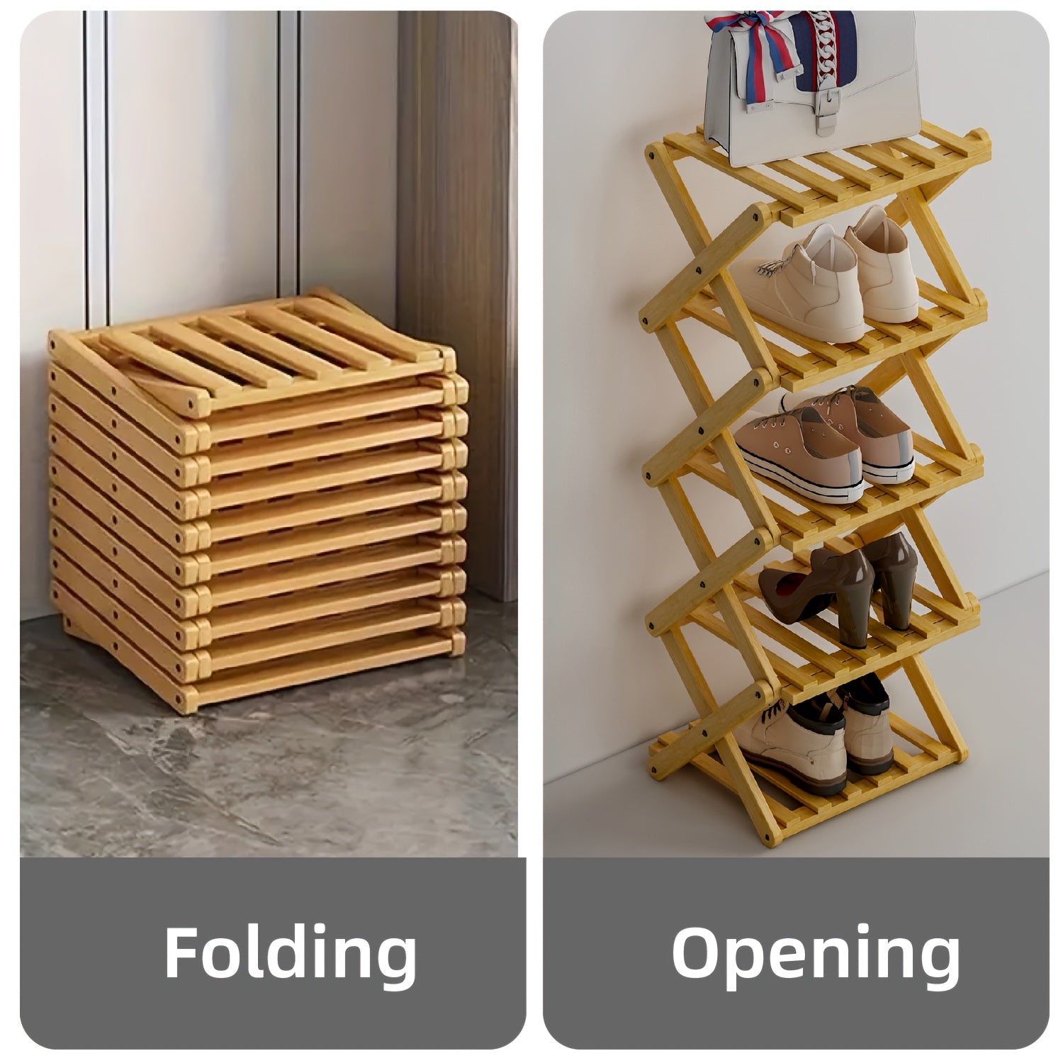 A Foldable Bamboo Shoe Rack, Crafted from High-quality Mountain Bamboo. Available in Multiple Tier Configurations. Sets up and Is Ready to Use Within 20 Seconds. Perfect for Small Spaces Near Home Entrances!