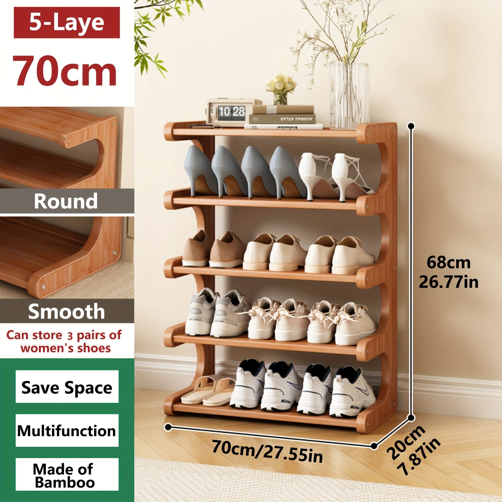 3\u002F5\u002F6 Tiers Shoe Rack, Bamboo Shoe Rack, Shoe Storage Organizers, Easy to Assemble, Space Saving, Shoe Rack for Front Door Entrance, Entryway, Living Room, Bedroom, Garage - Sturdy Bamboo Rack