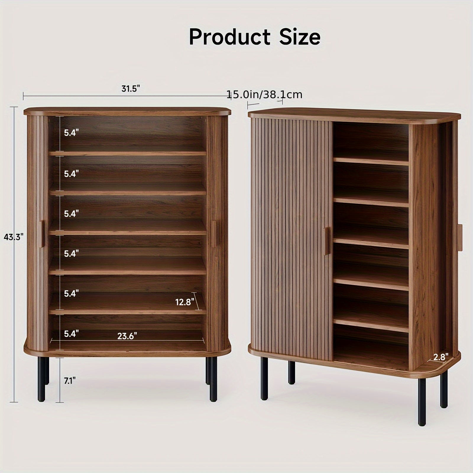 6-Tier Shoe Cabinet with Sliding Door, Wooden Shoe Storage Cabinet with Adjustable Shelves, Mid-Century Modern Freestanding Shoe Storage Organizer for Entryway, Hallway, Living Room, Walnut