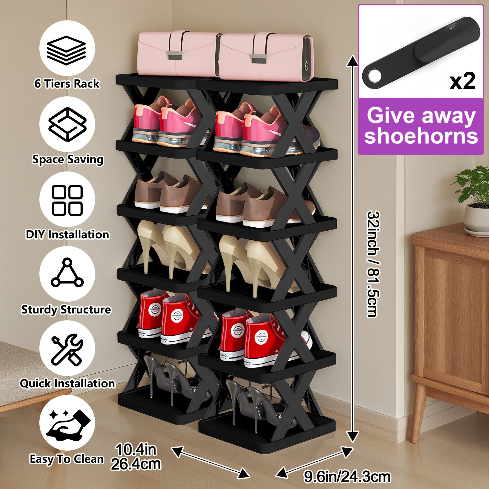 9\u002F6-Tier Shoe Rack, Space-Saving Vertical Shoe Organizer for Entryway, Bedroom, Hallway, Living Room, Dorm - Stackable Plastic Shoe Storage Shelf, Easy Assembly, Black\u002FPink\u002FMulti-Color Options