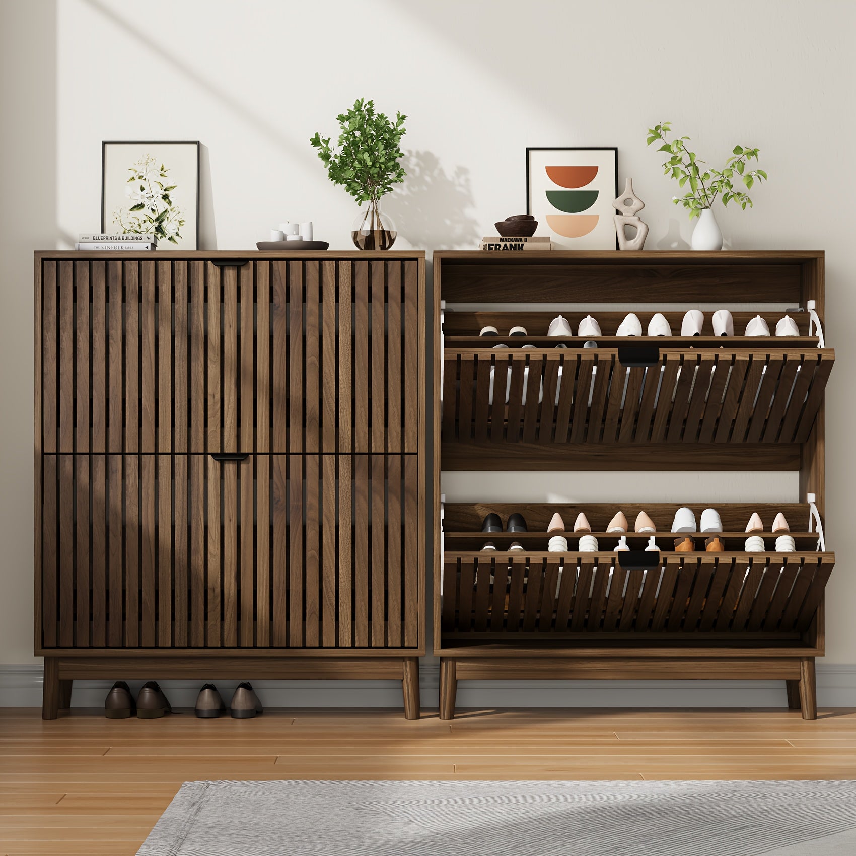 Shoe Storage Cabinet with Doors for Entryway Wood Hidden Shoe Organizer for Heels, Boots, Slippers