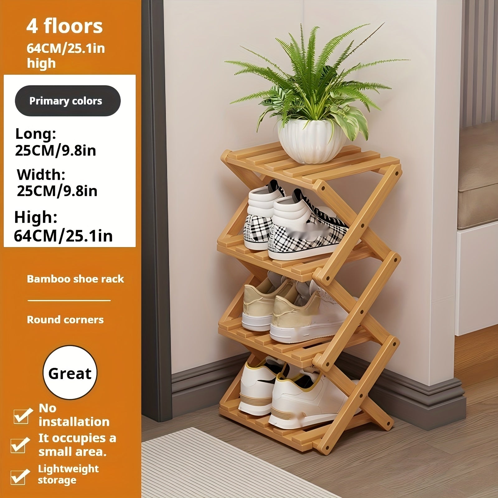 A Foldable Bamboo Shoe Rack, Crafted from High-quality Mountain Bamboo. Available in Multiple Tier Configurations. Sets up and Is Ready to Use Within 20 Seconds. Perfect for Small Spaces Near Home Entrances!