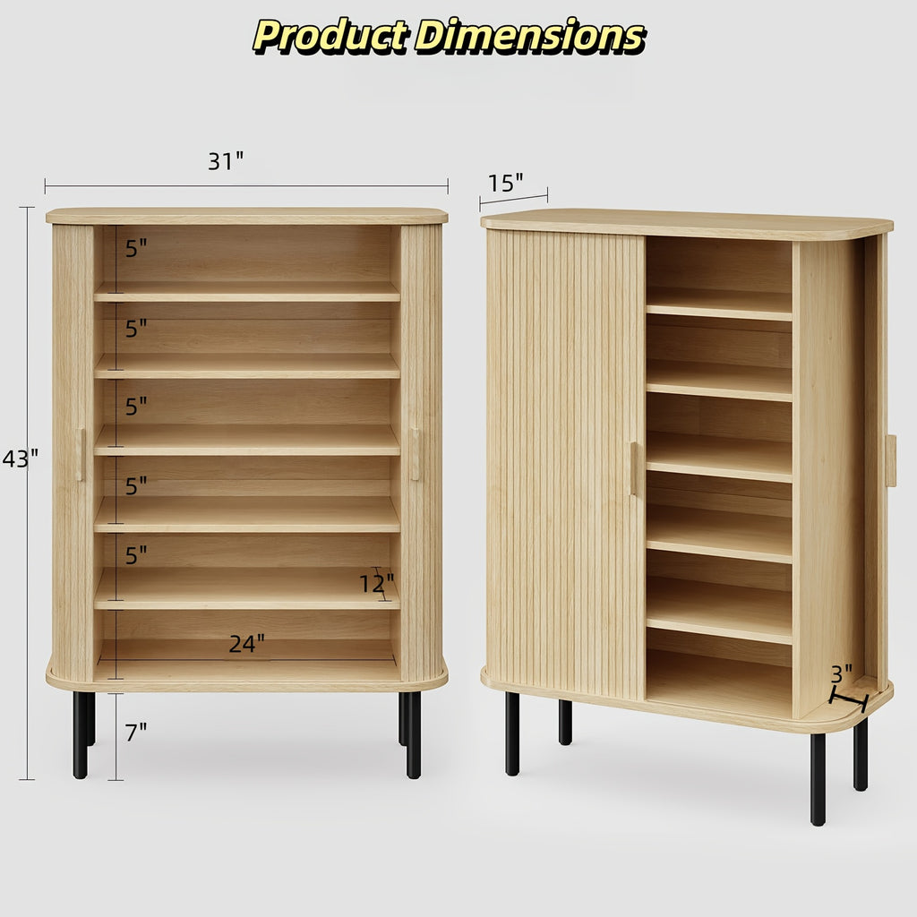 6-Tier Shoe Cabinet with Sliding Door, Wooden Shoe Storage Cabinet with Adjustable Shelves, Mid-Century Modern Freestanding Shoe Storage Organizer for Entryway, Hallway, Living Room, Walnut