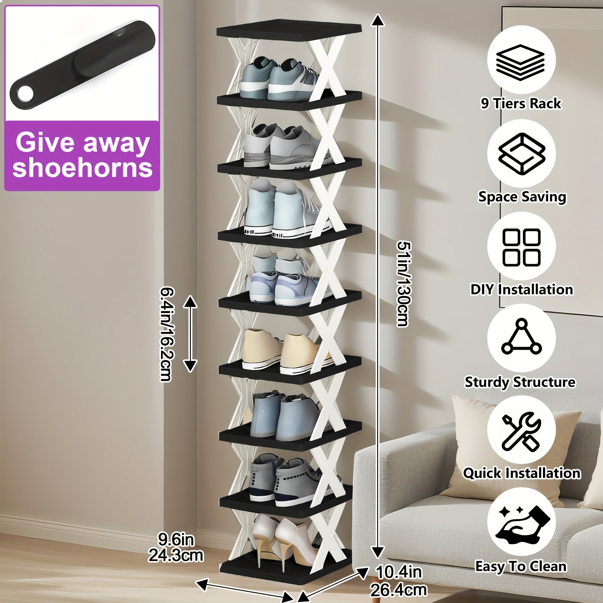 9\u002F6-Tier Shoe Rack, Space-Saving Vertical Shoe Organizer for Entryway, Bedroom, Hallway, Living Room, Dorm - Stackable Plastic Shoe Storage Shelf, Easy Assembly, Black\u002FPink\u002FMulti-Color Options