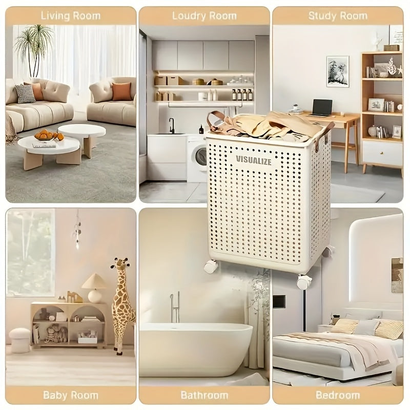 Large PP Material Rolling Laundry Cart with Lid - Multifunctional Personal Care Product Dispenser and Youngsters Supplies Storage Box, Equipped with Handles - Space-Saving Home Storage Solution, Suitable for Clothes, Accessories, Laundry Basket