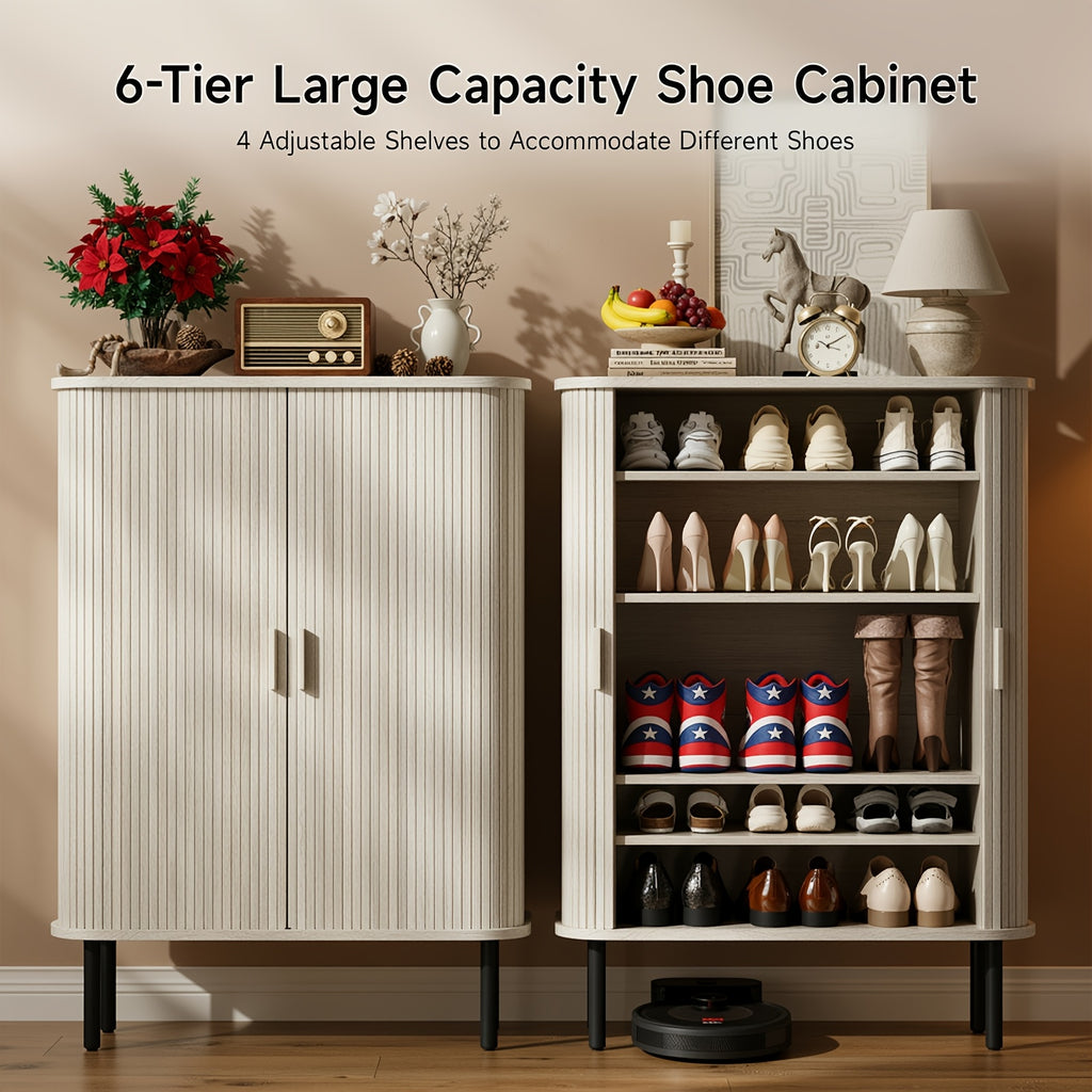 6-Tier Shoe Cabinet with Sliding Door, Wooden Shoe Storage Cabinet with Adjustable Shelves, Mid-Century Modern Freestanding Shoe Storage Organizer for Entryway, Hallway, Living Room, Walnut