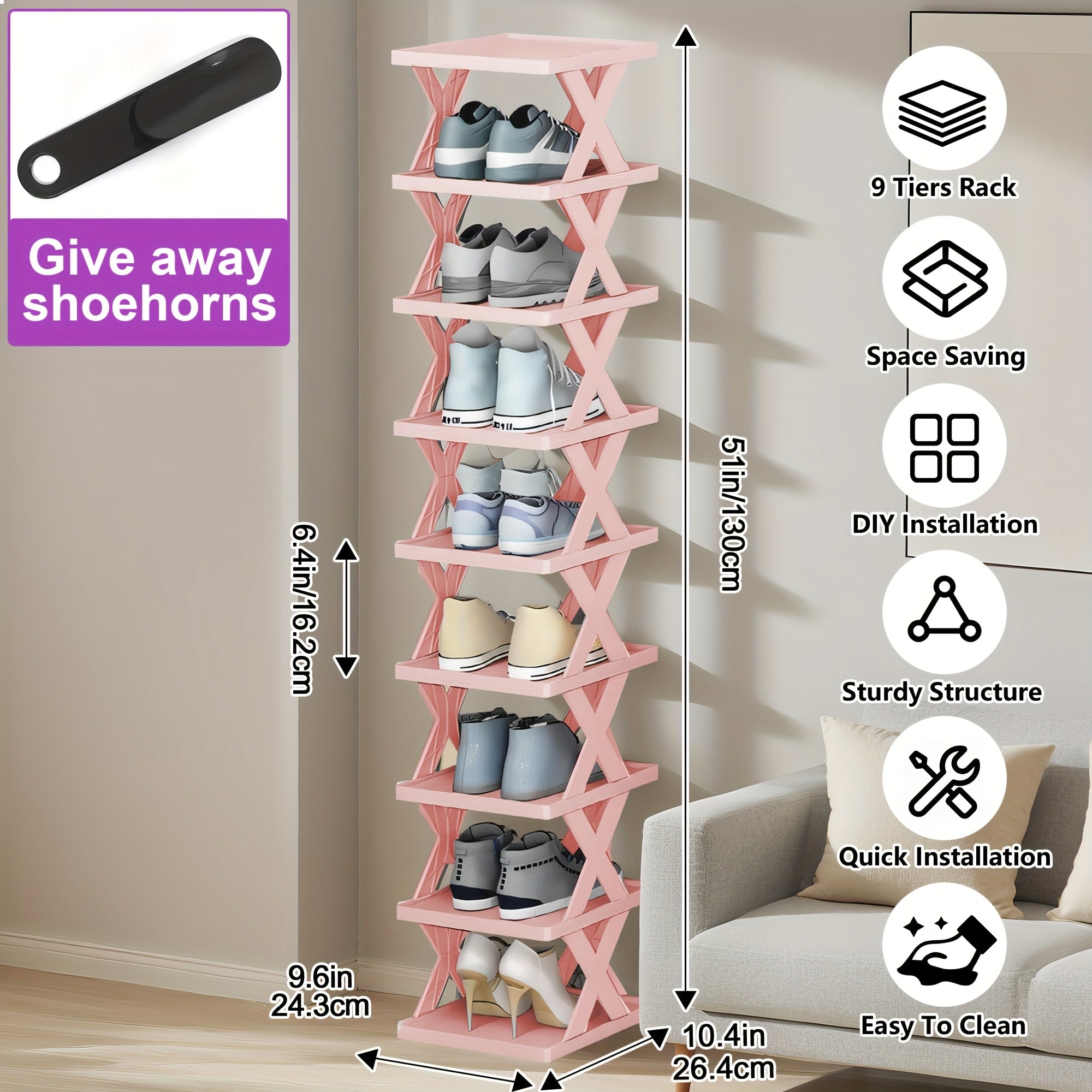 9\u002F6-Tier Shoe Rack, Space-Saving Vertical Shoe Organizer for Entryway, Bedroom, Hallway, Living Room, Dorm - Stackable Plastic Shoe Storage Shelf, Easy Assembly, Black\u002FPink\u002FMulti-Color Options