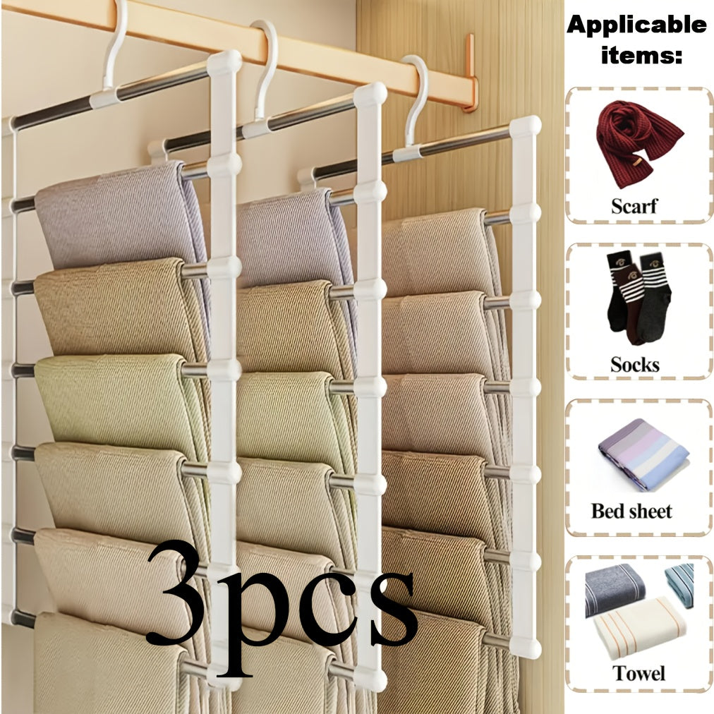 Set of 3 Collapsible Multi-Tier Trouser Hangers, Designed to Save Space, Made of Stainless Steel with a Non-Slip Feature, Ideal for Organizing Wardrobes at for home Or for Retail Displays, Perfect for Jeans, Pants, Shirts, Towels