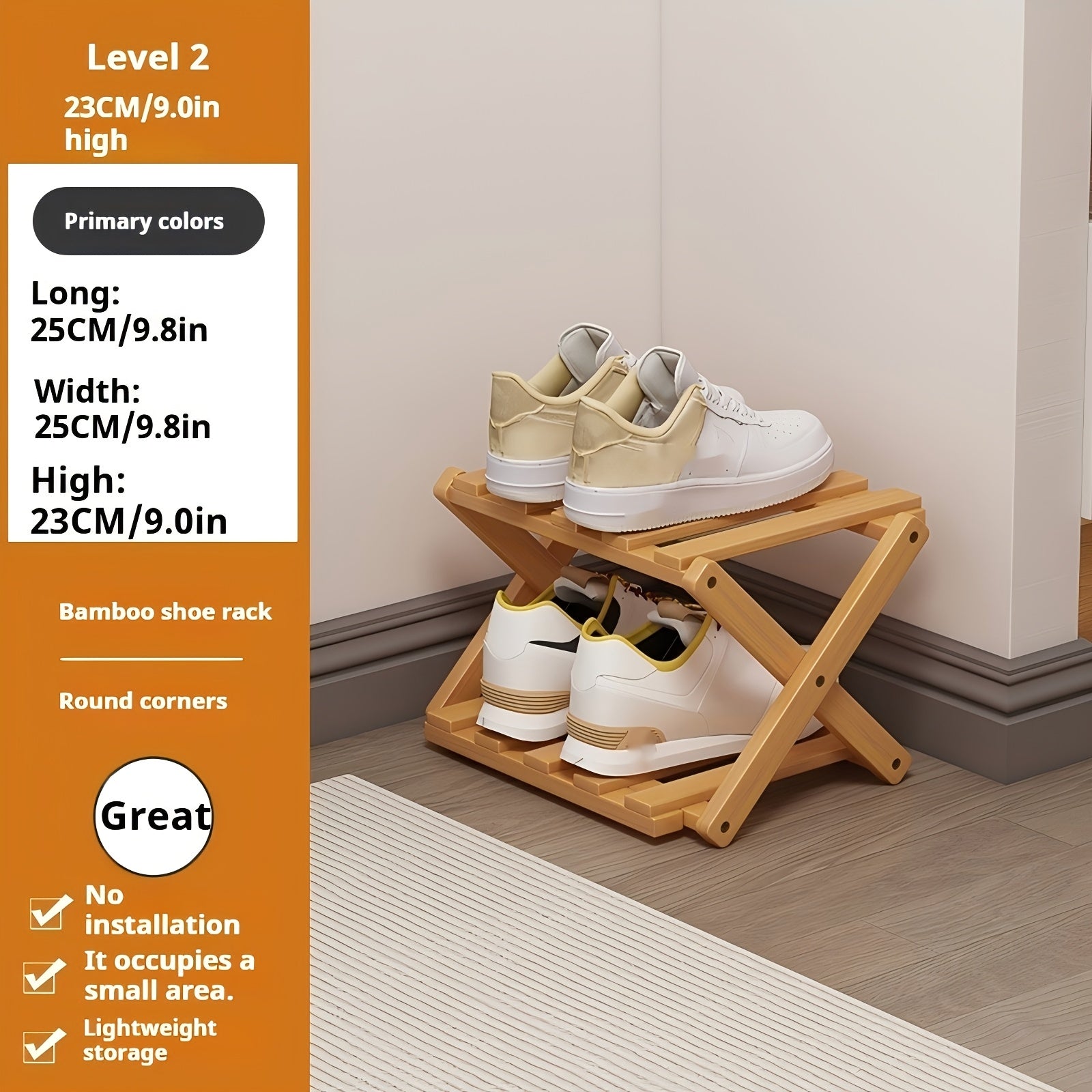 A Foldable Bamboo Shoe Rack, Crafted from High-quality Mountain Bamboo. Available in Multiple Tier Configurations. Sets up and Is Ready to Use Within 20 Seconds. Perfect for Small Spaces Near Home Entrances!