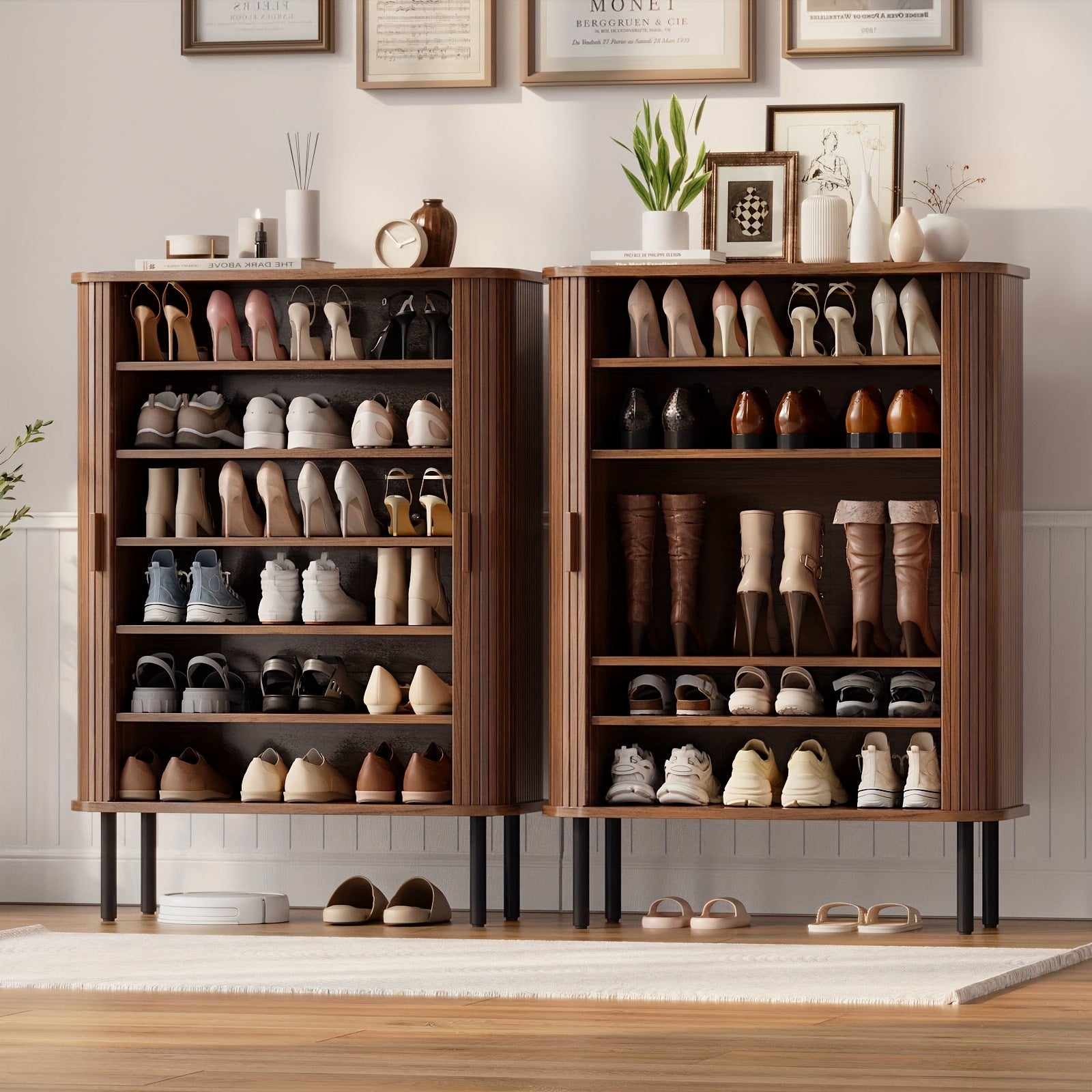 6-Tier Shoe Cabinet with Sliding Door, Wooden Shoe Storage Cabinet with Adjustable Shelves, Mid-Century Modern Freestanding Shoe Storage Organizer for Entryway, Hallway, Living Room, Walnut