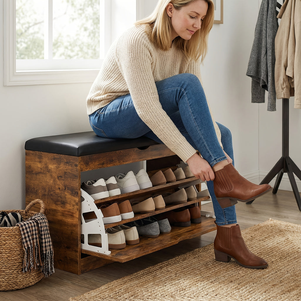 Storage Bench Entryway with Cushion, Shoe Rack Bench with Storage with 3-Tier Flip Drawer, Shoe Cabinet Organizer with Hidden Space for Hallway Mudroom