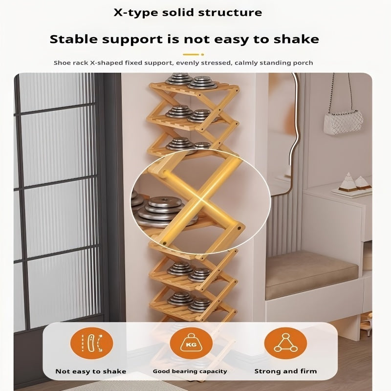 A Foldable Bamboo Shoe Rack, Crafted from High-quality Mountain Bamboo. Available in Multiple Tier Configurations. Sets up and Is Ready to Use Within 20 Seconds. Perfect for Small Spaces Near Home Entrances!
