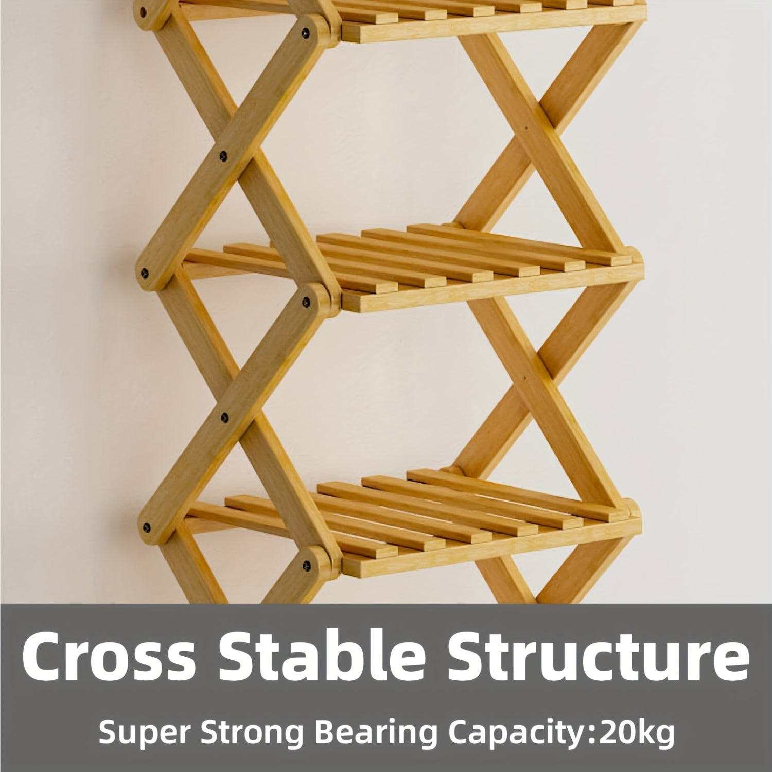 A Foldable Bamboo Shoe Rack, Crafted from High-quality Mountain Bamboo. Available in Multiple Tier Configurations. Sets up and Is Ready to Use Within 20 Seconds. Perfect for Small Spaces Near Home Entrances!