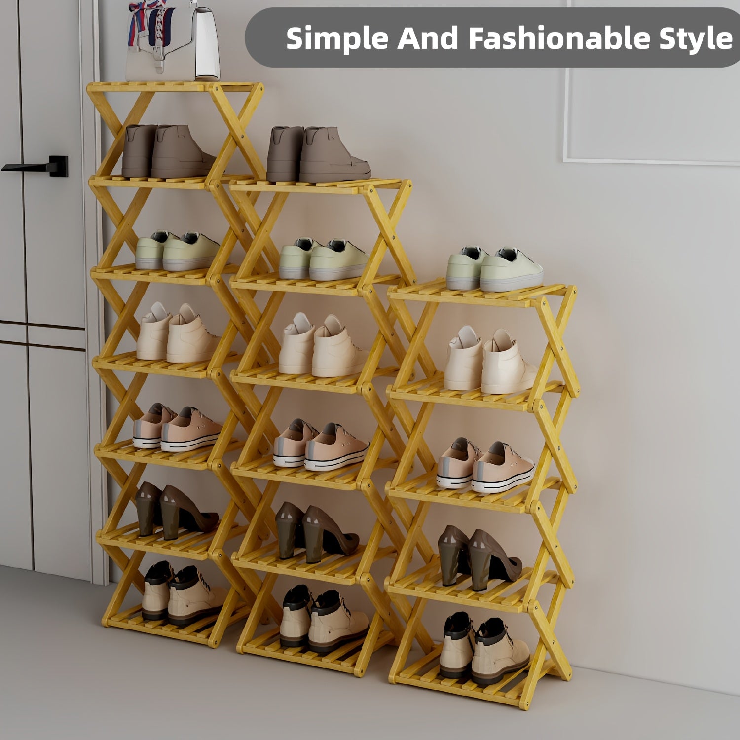 A Foldable Bamboo Shoe Rack, Crafted from High-quality Mountain Bamboo. Available in Multiple Tier Configurations. Sets up and Is Ready to Use Within 20 Seconds. Perfect for Small Spaces Near Home Entrances!