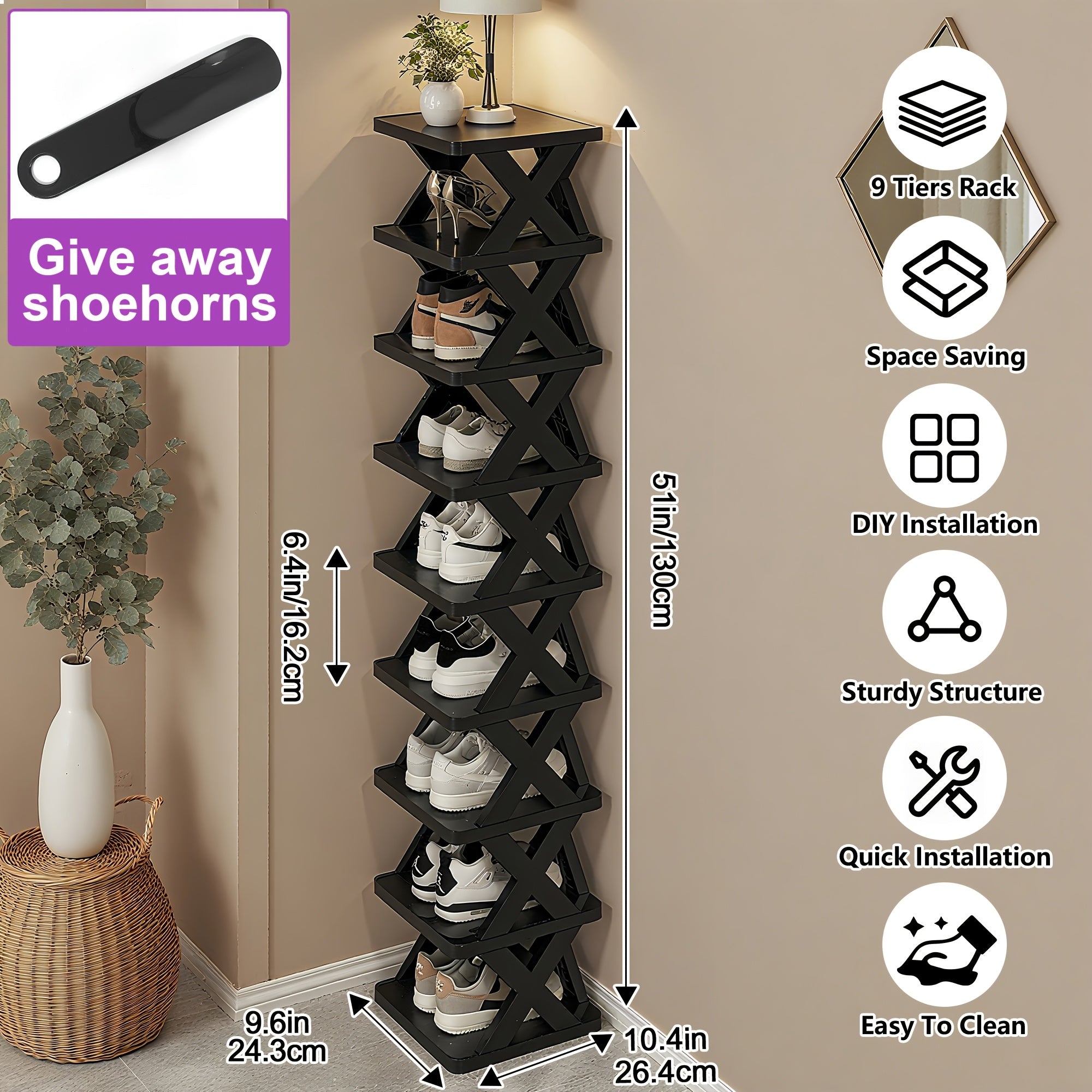 9\u002F6-Tier Shoe Rack, Space-Saving Vertical Shoe Organizer for Entryway, Bedroom, Hallway, Living Room, Dorm - Stackable Plastic Shoe Storage Shelf, Easy Assembly, Black\u002FPink\u002FMulti-Color Options