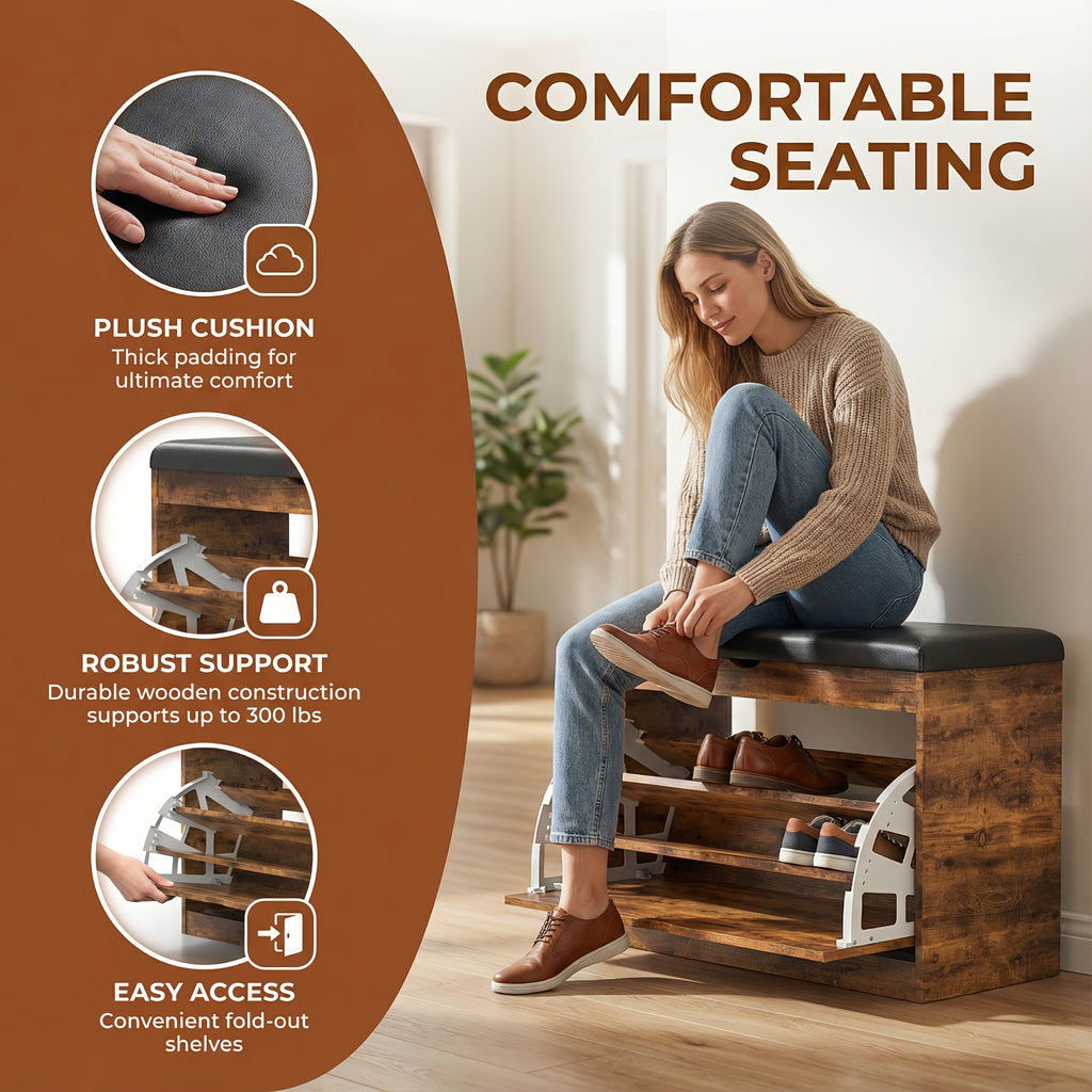 Storage Bench Entryway with Cushion, Shoe Rack Bench with Storage with 3-Tier Flip Drawer, Shoe Cabinet Organizer with Hidden Space for Hallway Mudroom