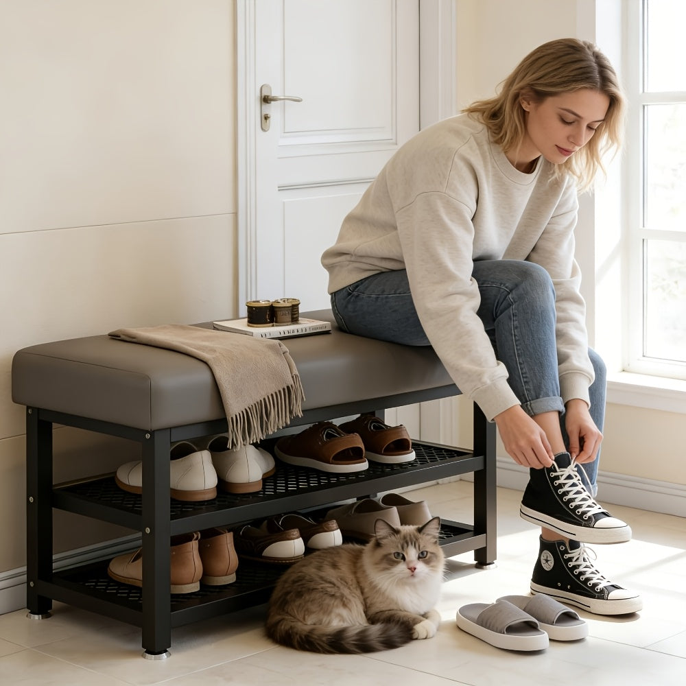 Contemporary Shoe Bench for The Entryway Featuring a Comfortable Cushion, Multiple Storage Compartments, a Space-Efficient Shoe Rack, Easy Assembly, And a Sturdy Metal Frame, Perfect for Bedrooms Or Hallways