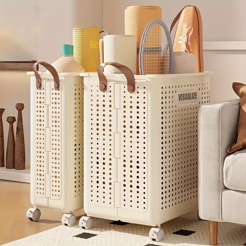 Large PP Material Rolling Laundry Cart with Lid - Multifunctional Personal Care Product Dispenser and Youngsters Supplies Storage Box, Equipped with Handles - Space-Saving Home Storage Solution, Suitable for Clothes, Accessories, Laundry Basket