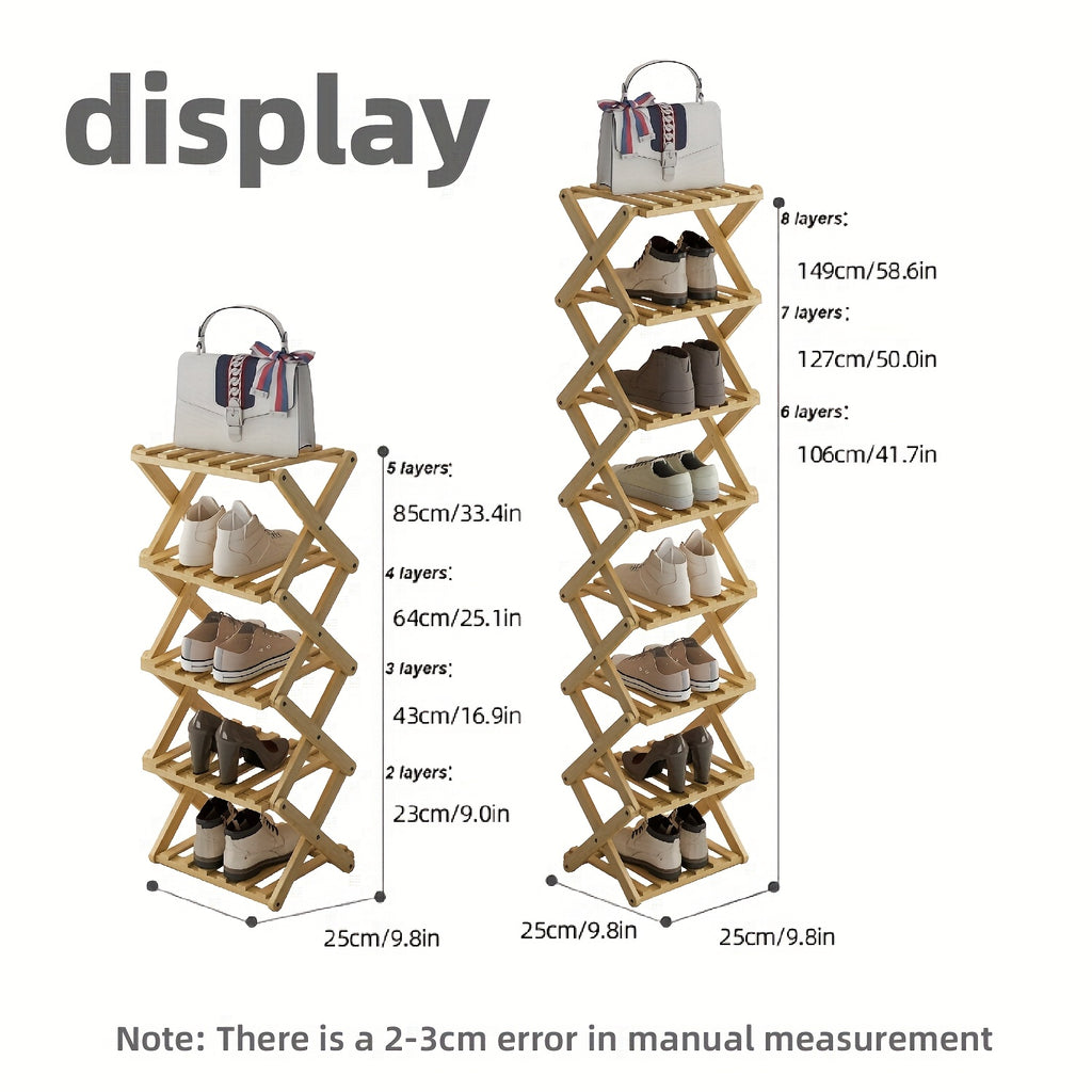 A Foldable Bamboo Shoe Rack, Crafted from High-quality Mountain Bamboo. Available in Multiple Tier Configurations. Sets up and Is Ready to Use Within 20 Seconds. Perfect for Small Spaces Near Home Entrances!