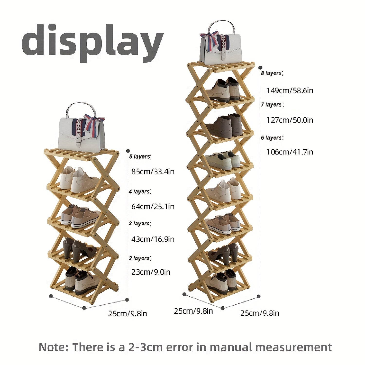 A Foldable Bamboo Shoe Rack, Crafted from High-quality Mountain Bamboo. Available in Multiple Tier Configurations. Sets up and Is Ready to Use Within 20 Seconds. Perfect for Small Spaces Near Home Entrances!