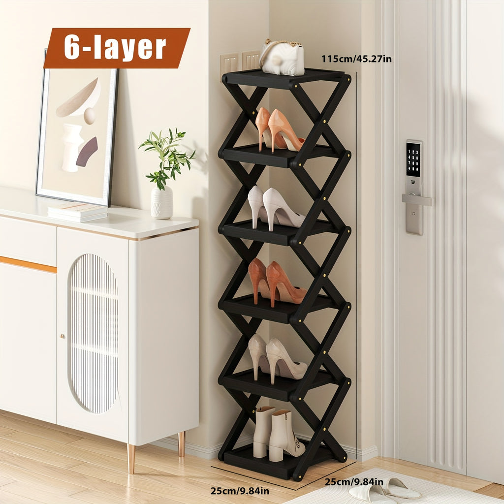 A Foldable Bamboo Shoe Rack, Crafted from High-quality Mountain Bamboo. Available in Multiple Tier Configurations. Sets up and Is Ready to Use Within 20 Seconds. Perfect for Small Spaces Near Home Entrances!