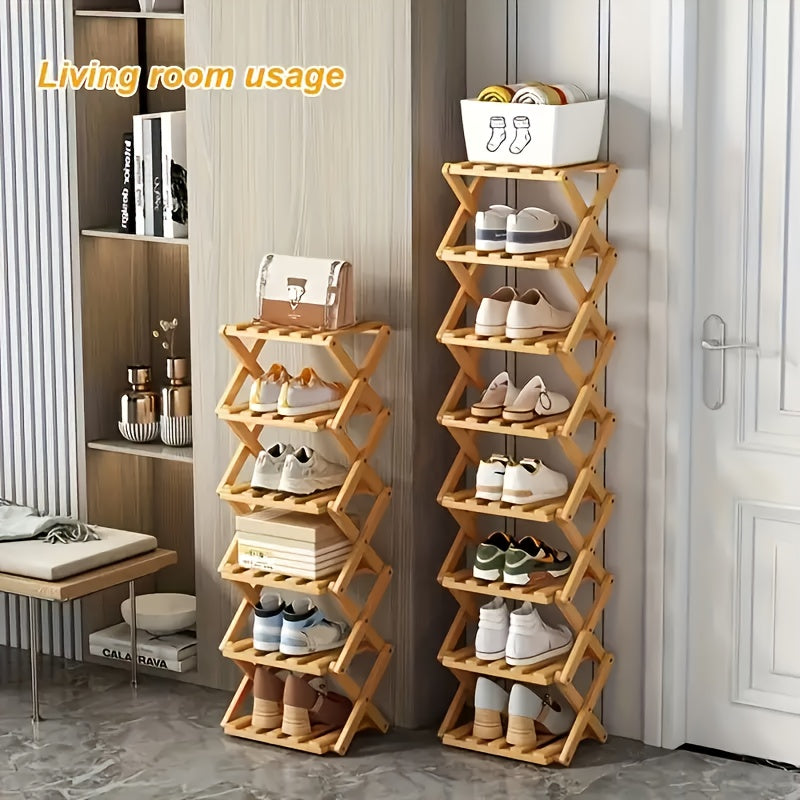 A Foldable Bamboo Shoe Rack, Crafted from High-quality Mountain Bamboo. Available in Multiple Tier Configurations. Sets up and Is Ready to Use Within 20 Seconds. Perfect for Small Spaces Near Home Entrances!