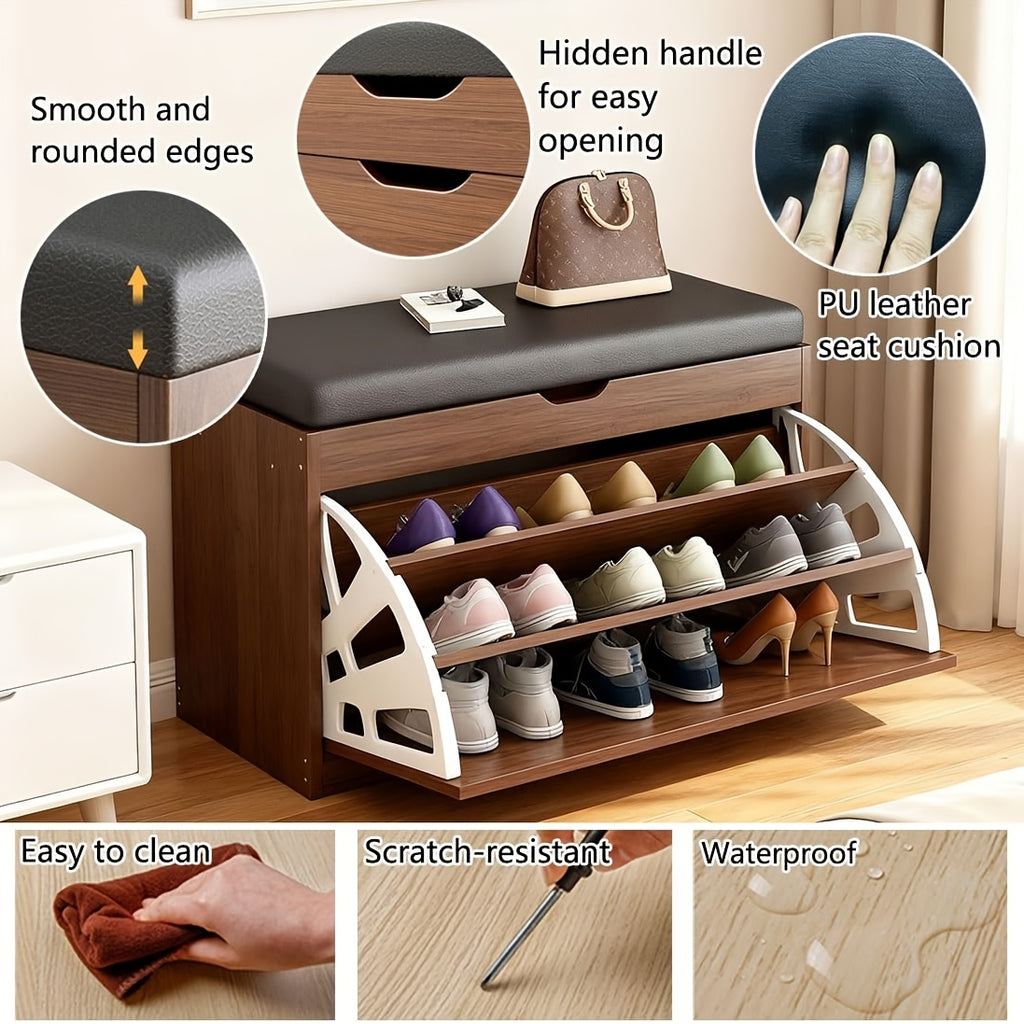 Storage Bench Entryway with Cushion, Shoe Rack Bench with Storage with 3-Tier Flip Drawer, Shoe Cabinet Organizer with Hidden Space for Hallway Mudroom