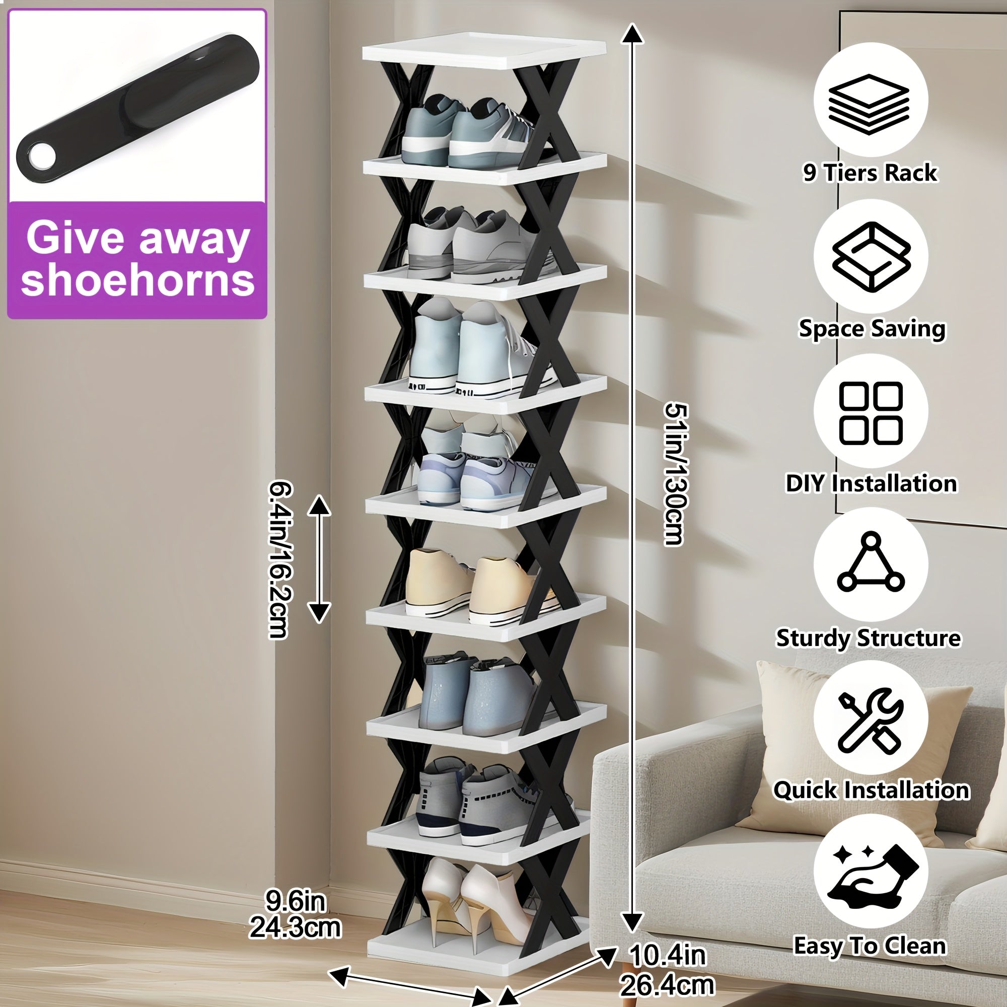 9\u002F6-Tier Shoe Rack, Space-Saving Vertical Shoe Organizer for Entryway, Bedroom, Hallway, Living Room, Dorm - Stackable Plastic Shoe Storage Shelf, Easy Assembly, Black\u002FPink\u002FMulti-Color Options