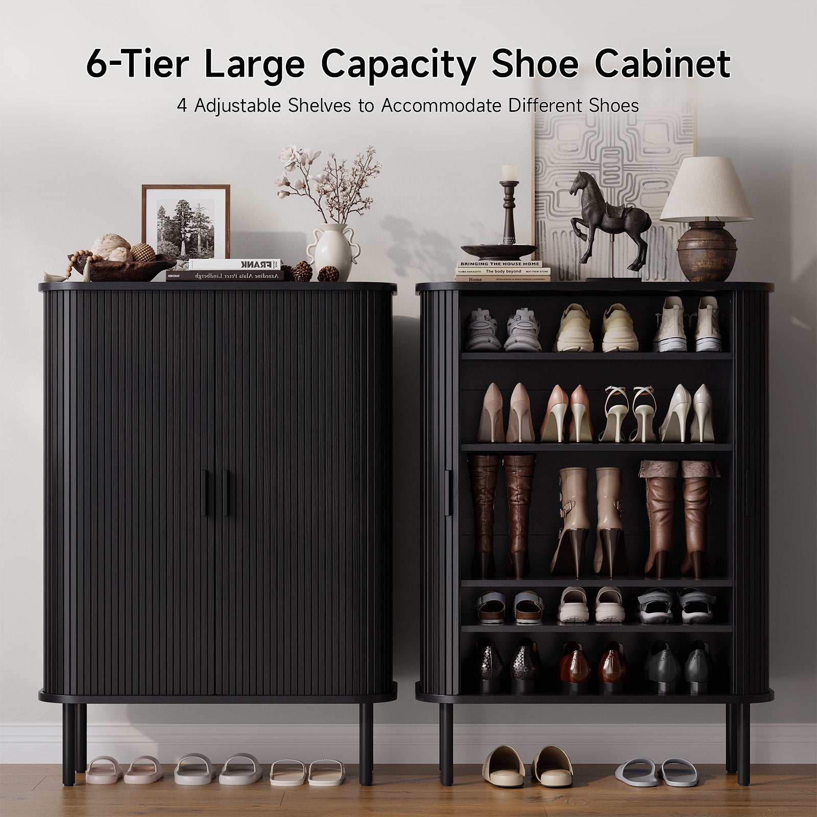 6-Tier Shoe Cabinet with Sliding Door, Wooden Shoe Storage Cabinet with Adjustable Shelves, Mid-Century Modern Freestanding Shoe Storage Organizer for Entryway, Hallway, Living Room, Walnut